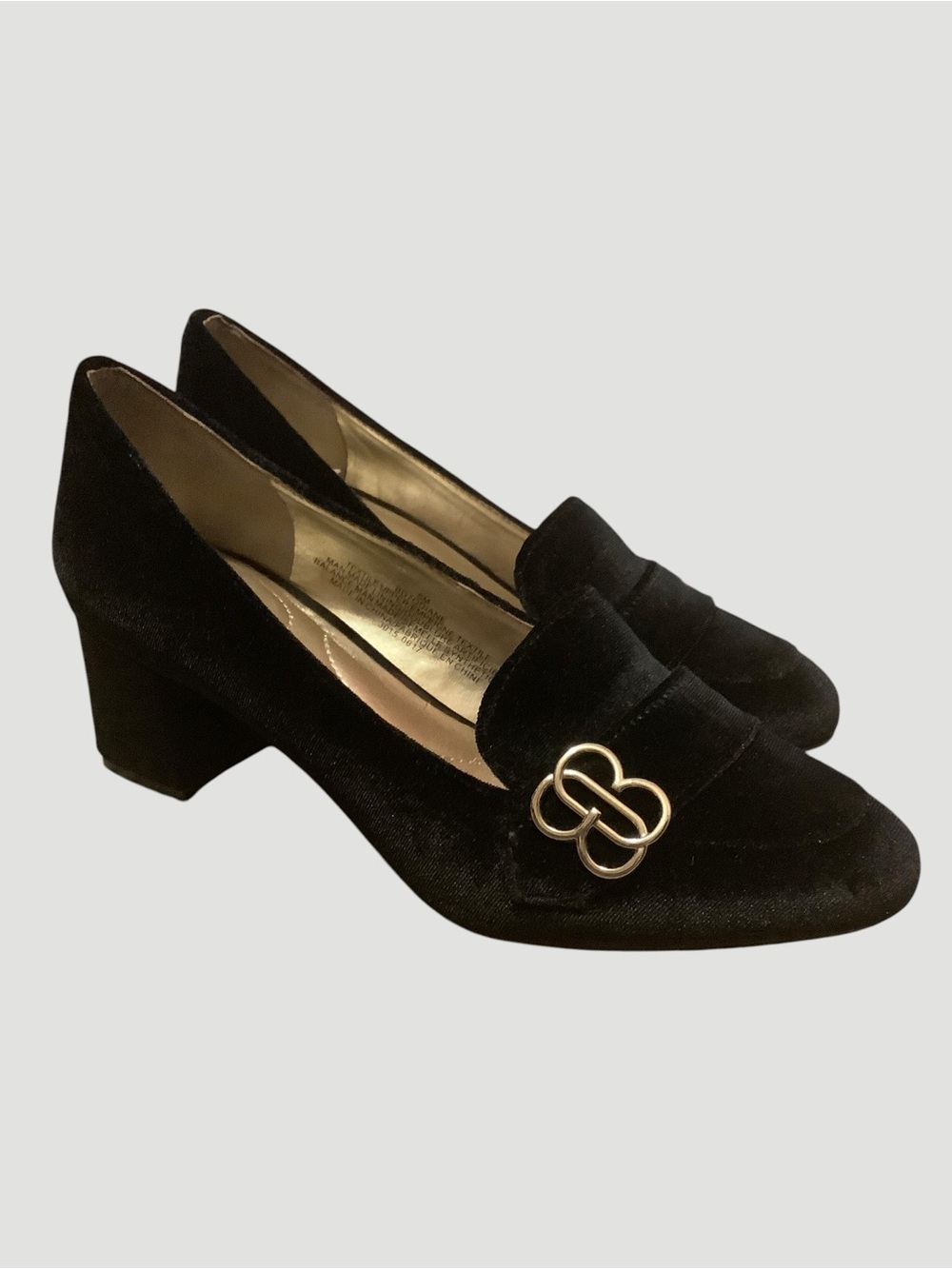 Bandolino Velvet Look Loafer Pumps Black Gold Hardware Block Heel Shoes Size 6M